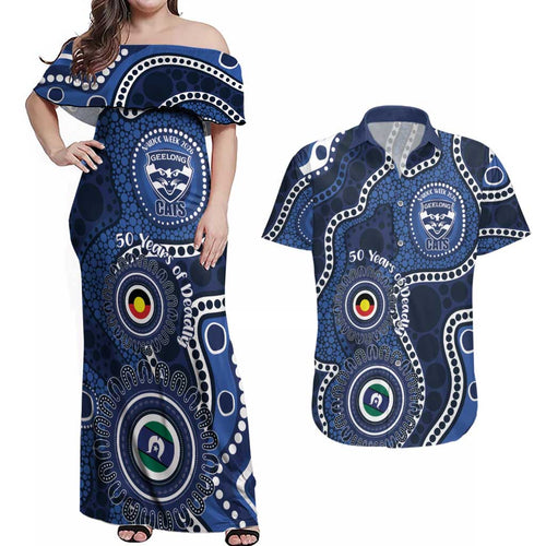 Geelong Cats NAIDOC Week 2026 Personalised Couples Matching Off Shoulder Maxi Dress and Hawaiian Shirt 50 Years of Deadly Aboriginal Art