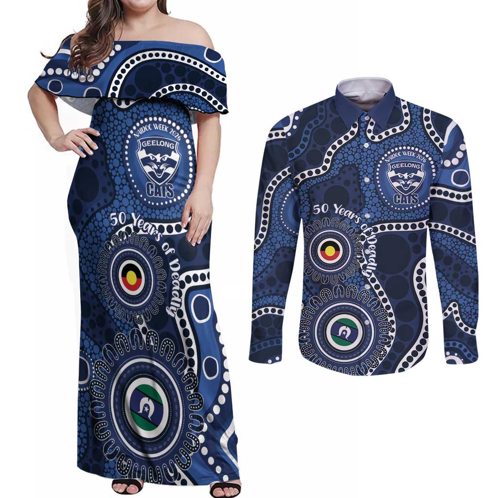 Geelong Cats NAIDOC Week 2026 Personalised Couples Matching Off Shoulder Maxi Dress and Long Sleeve Button Shirt 50 Years of Deadly Aboriginal Art
