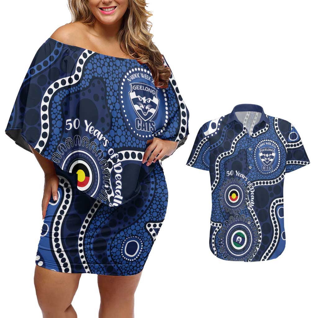 Geelong Cats NAIDOC Week 2026 Personalised Couples Matching Off Shoulder Short Dress and Hawaiian Shirt 50 Years of Deadly Aboriginal Art