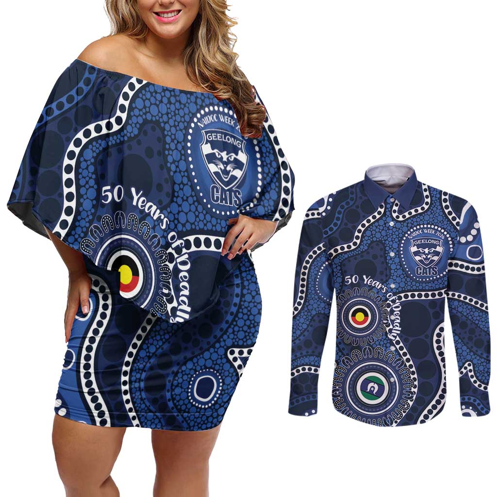 Geelong Cats NAIDOC Week 2026 Personalised Couples Matching Off Shoulder Short Dress and Long Sleeve Button Shirt 50 Years of Deadly Aboriginal Art