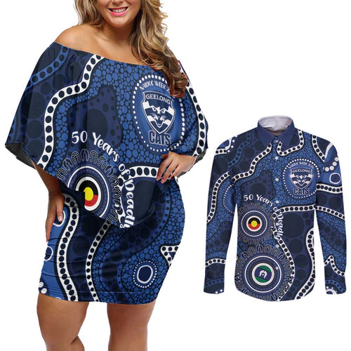 Geelong Cats NAIDOC Week 2026 Personalised Couples Matching Off Shoulder Short Dress and Long Sleeve Button Shirt 50 Years of Deadly Aboriginal Art