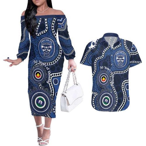 Geelong Cats NAIDOC Week 2026 Personalised Couples Matching Off The Shoulder Long Sleeve Dress and Hawaiian Shirt 50 Years of Deadly Aboriginal Art