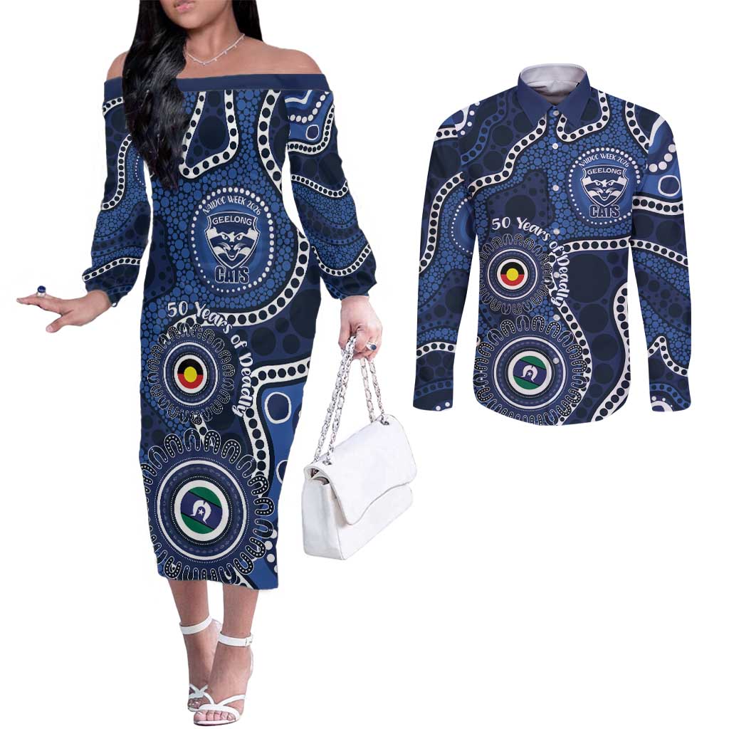 Geelong Cats NAIDOC Week 2026 Personalised Couples Matching Off The Shoulder Long Sleeve Dress and Long Sleeve Button Shirt 50 Years of Deadly Aboriginal Art