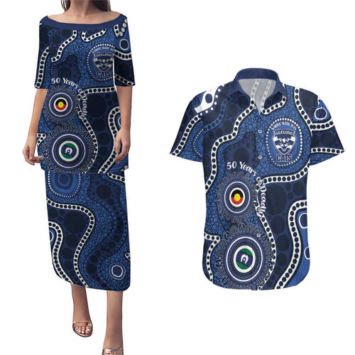 Geelong Cats NAIDOC Week 2026 Personalised Couples Matching Puletasi and Hawaiian Shirt 50 Years of Deadly Aboriginal Art