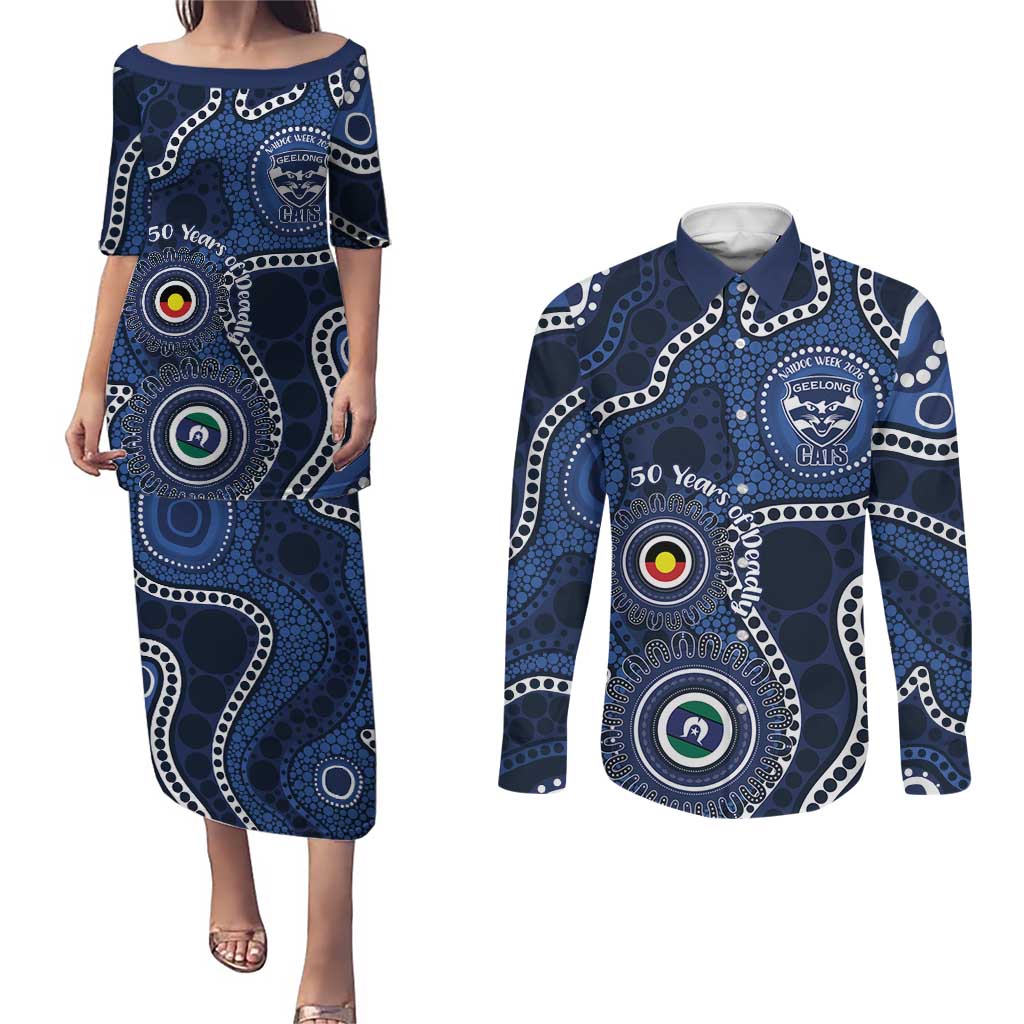 Geelong Cats NAIDOC Week 2026 Personalised Couples Matching Puletasi and Long Sleeve Button Shirt 50 Years of Deadly Aboriginal Art