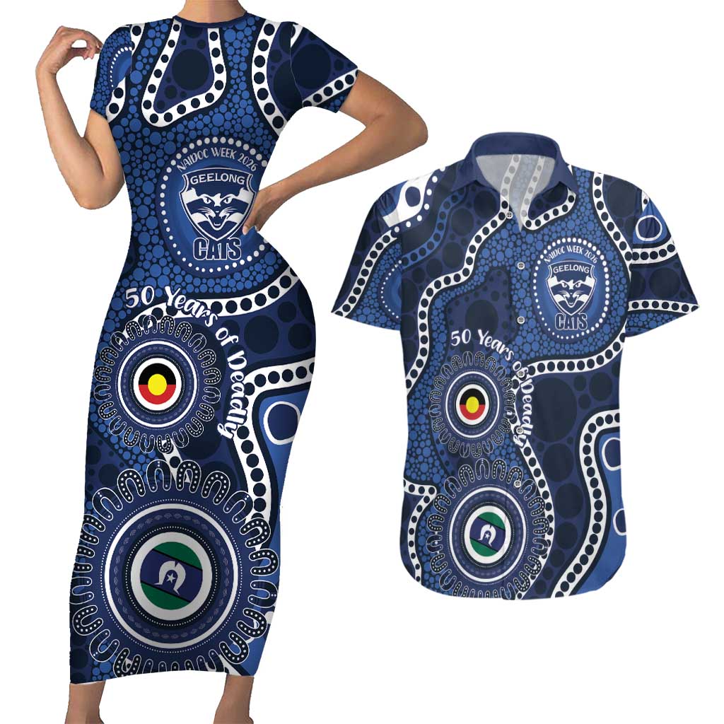 Geelong Cats NAIDOC Week 2026 Personalised Couples Matching Short Sleeve Bodycon Dress and Hawaiian Shirt 50 Years of Deadly Aboriginal Art