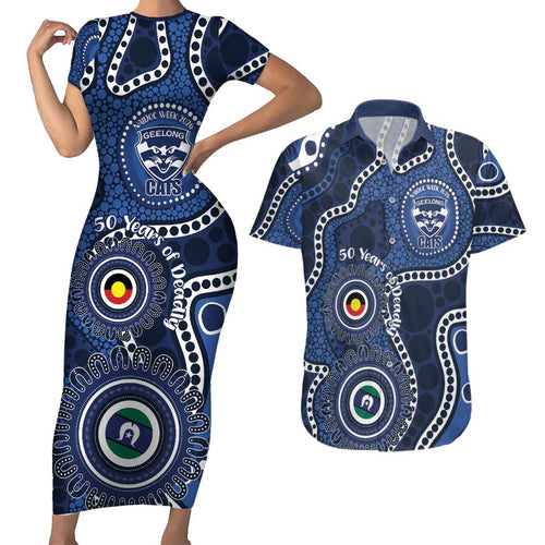 Geelong Cats NAIDOC Week 2026 Personalised Couples Matching Short Sleeve Bodycon Dress and Hawaiian Shirt 50 Years of Deadly Aboriginal Art