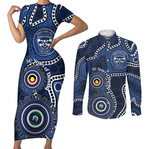Geelong Cats NAIDOC Week 2026 Personalised Couples Matching Short Sleeve Bodycon Dress and Long Sleeve Button Shirt 50 Years of Deadly Aboriginal Art