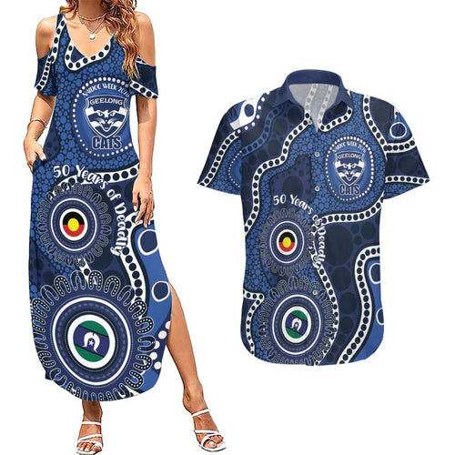 Geelong Cats NAIDOC Week 2026 Personalised Couples Matching Summer Maxi Dress and Hawaiian Shirt 50 Years of Deadly Aboriginal Art