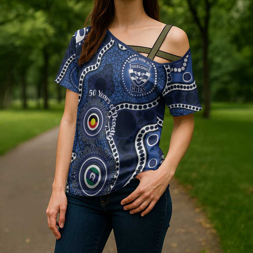 Geelong Cats NAIDOC Week 2026 Personalised Cross Shoulder Shirt 50 Years of Deadly Aboriginal Art