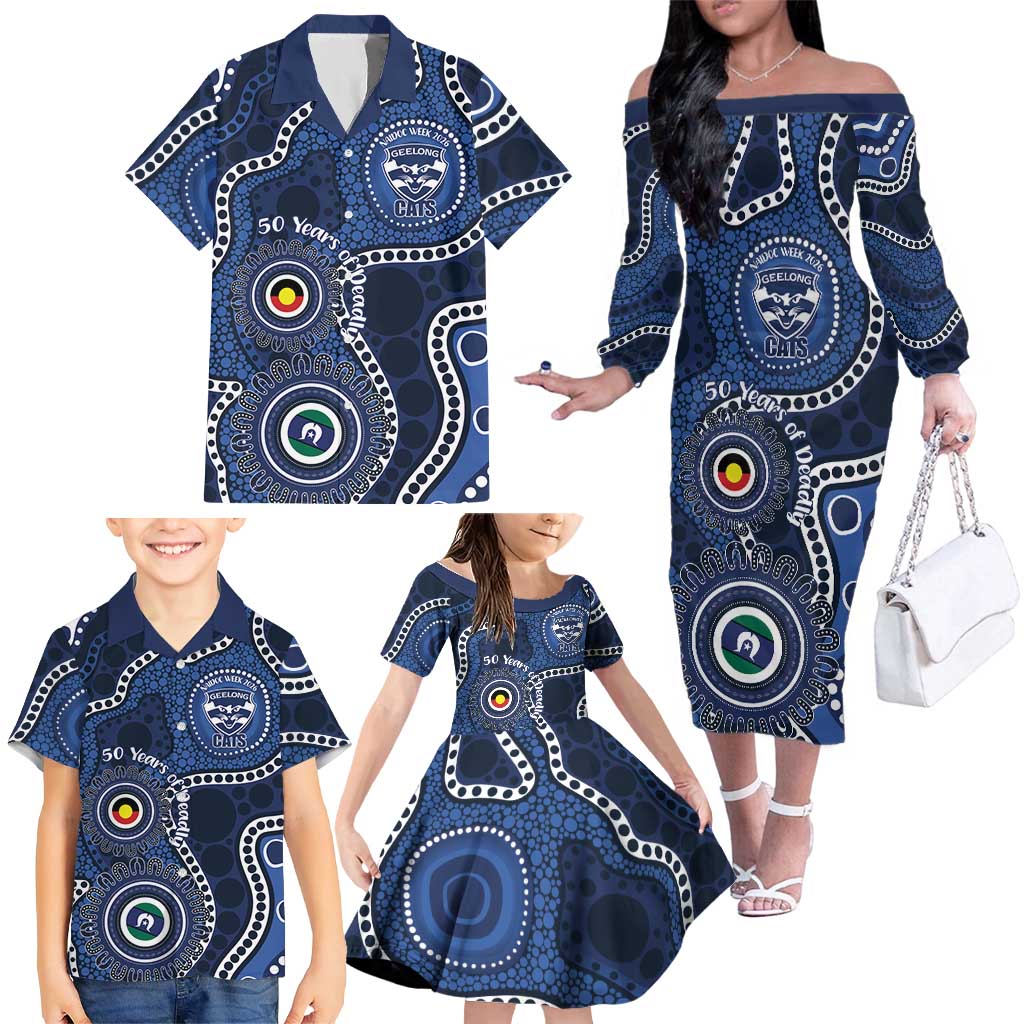 Geelong Cats NAIDOC Week 2026 Personalised Family Matching Off The Shoulder Long Sleeve Dress and Hawaiian Shirt 50 Years of Deadly Aboriginal Art