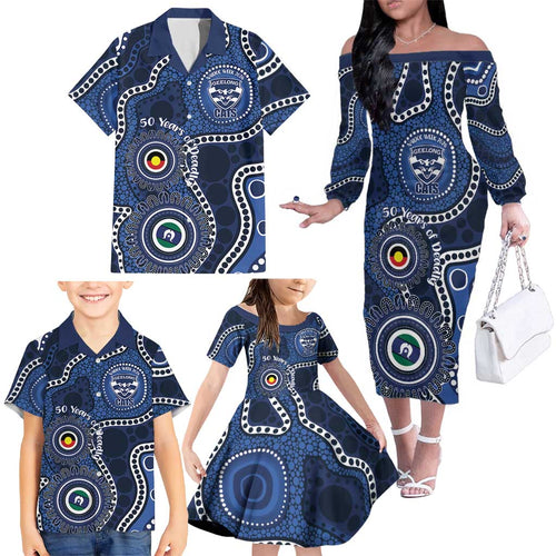 Geelong Cats NAIDOC Week 2026 Personalised Family Matching Off The Shoulder Long Sleeve Dress and Hawaiian Shirt 50 Years of Deadly Aboriginal Art