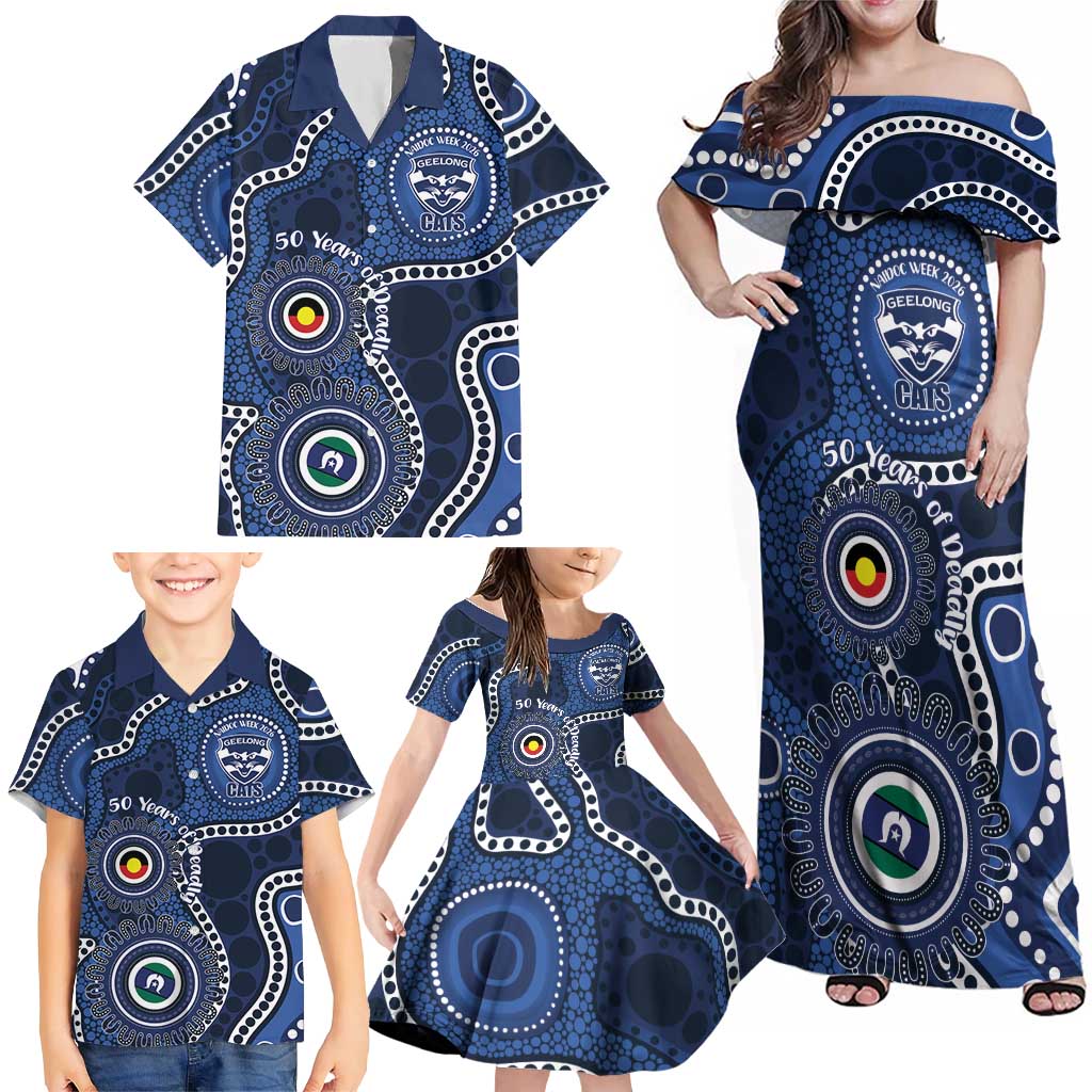 Geelong Cats NAIDOC Week 2026 Personalised Family Matching Off Shoulder Maxi Dress and Hawaiian Shirt 50 Years of Deadly Aboriginal Art