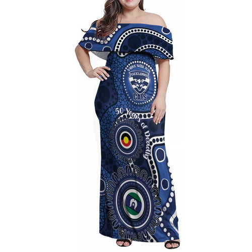 Geelong Cats NAIDOC Week 2026 Personalised Family Matching Off Shoulder Maxi Dress and Hawaiian Shirt 50 Years of Deadly Aboriginal Art