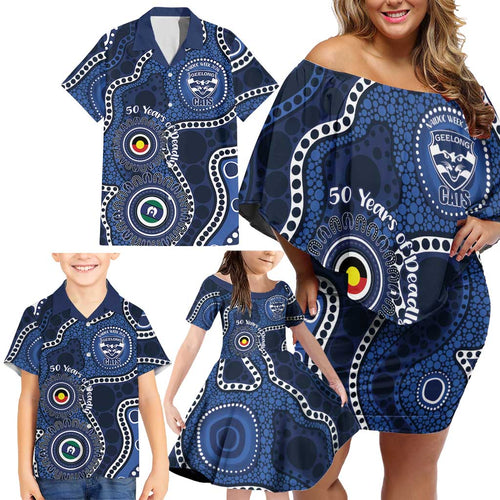 Geelong Cats NAIDOC Week 2026 Personalised Family Matching Off Shoulder Short Dress and Hawaiian Shirt 50 Years of Deadly Aboriginal Art