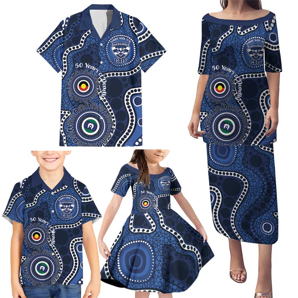 Geelong Cats NAIDOC Week 2026 Personalised Family Matching Puletasi and Hawaiian Shirt 50 Years of Deadly Aboriginal Art