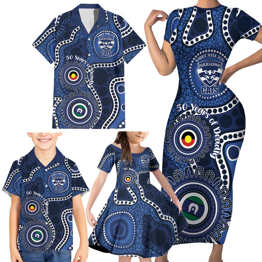 Geelong Cats NAIDOC Week 2026 Personalised Family Matching Short Sleeve Bodycon Dress and Hawaiian Shirt 50 Years of Deadly Aboriginal Art