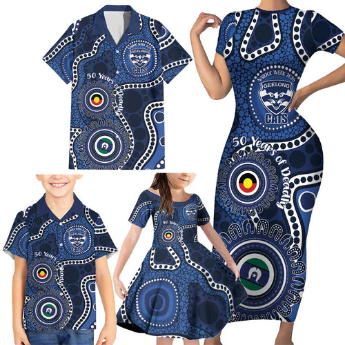Geelong Cats NAIDOC Week 2026 Personalised Family Matching Short Sleeve Bodycon Dress and Hawaiian Shirt 50 Years of Deadly Aboriginal Art