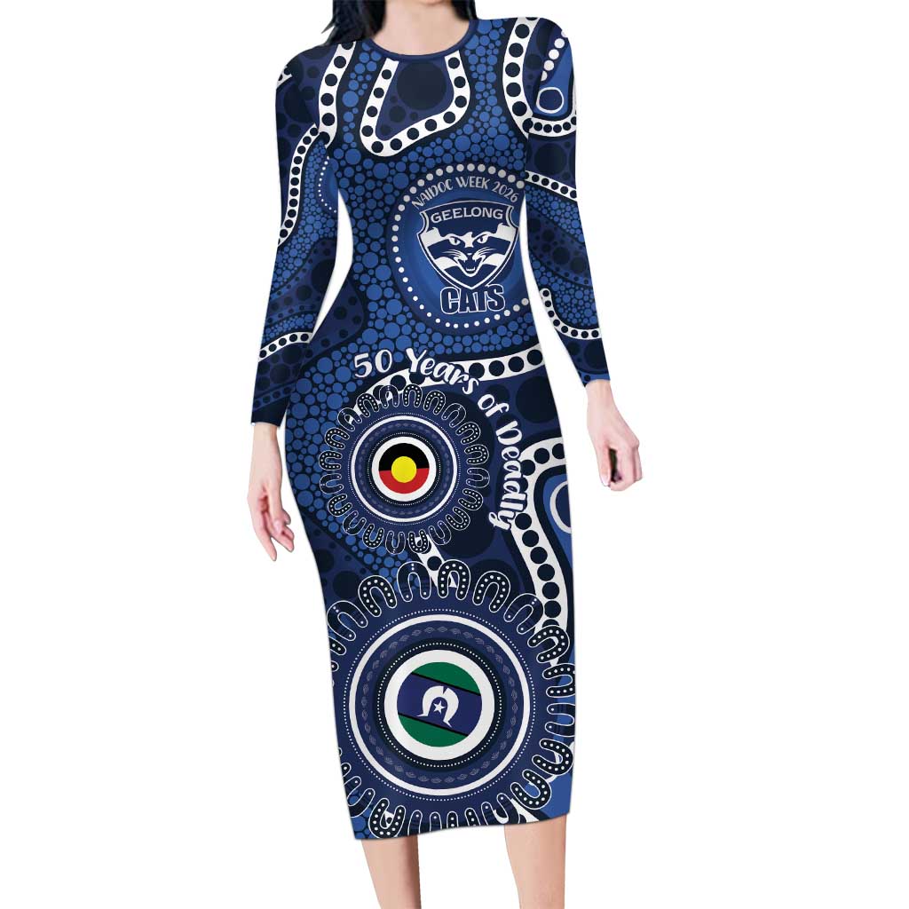 Geelong Cats NAIDOC Week 2026 Personalised Long Sleeve Bodycon Dress 50 Years of Deadly Aboriginal Art
