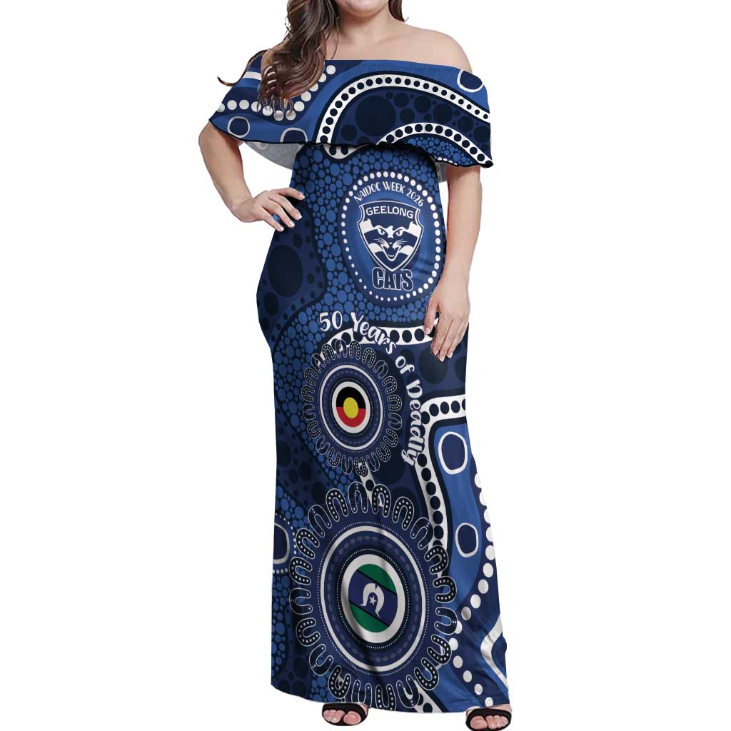 Geelong Cats NAIDOC Week 2026 Personalised Off Shoulder Maxi Dress 50 Years of Deadly Aboriginal Art