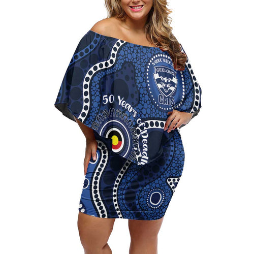 Geelong Cats NAIDOC Week 2026 Personalised Off Shoulder Short Dress 50 Years of Deadly Aboriginal Art