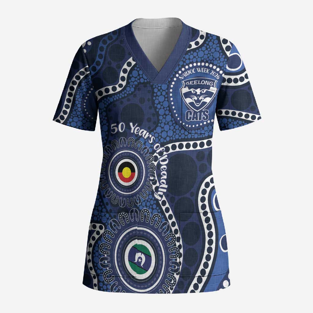 Geelong Cats NAIDOC Week 2026 Personalised Scrub Top 50 Years of Deadly Aboriginal Art