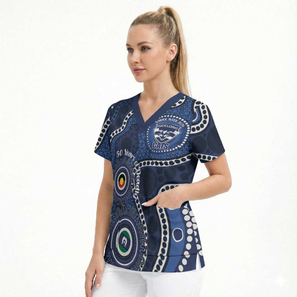 Geelong Cats NAIDOC Week 2026 Personalised Scrub Top 50 Years of Deadly Aboriginal Art