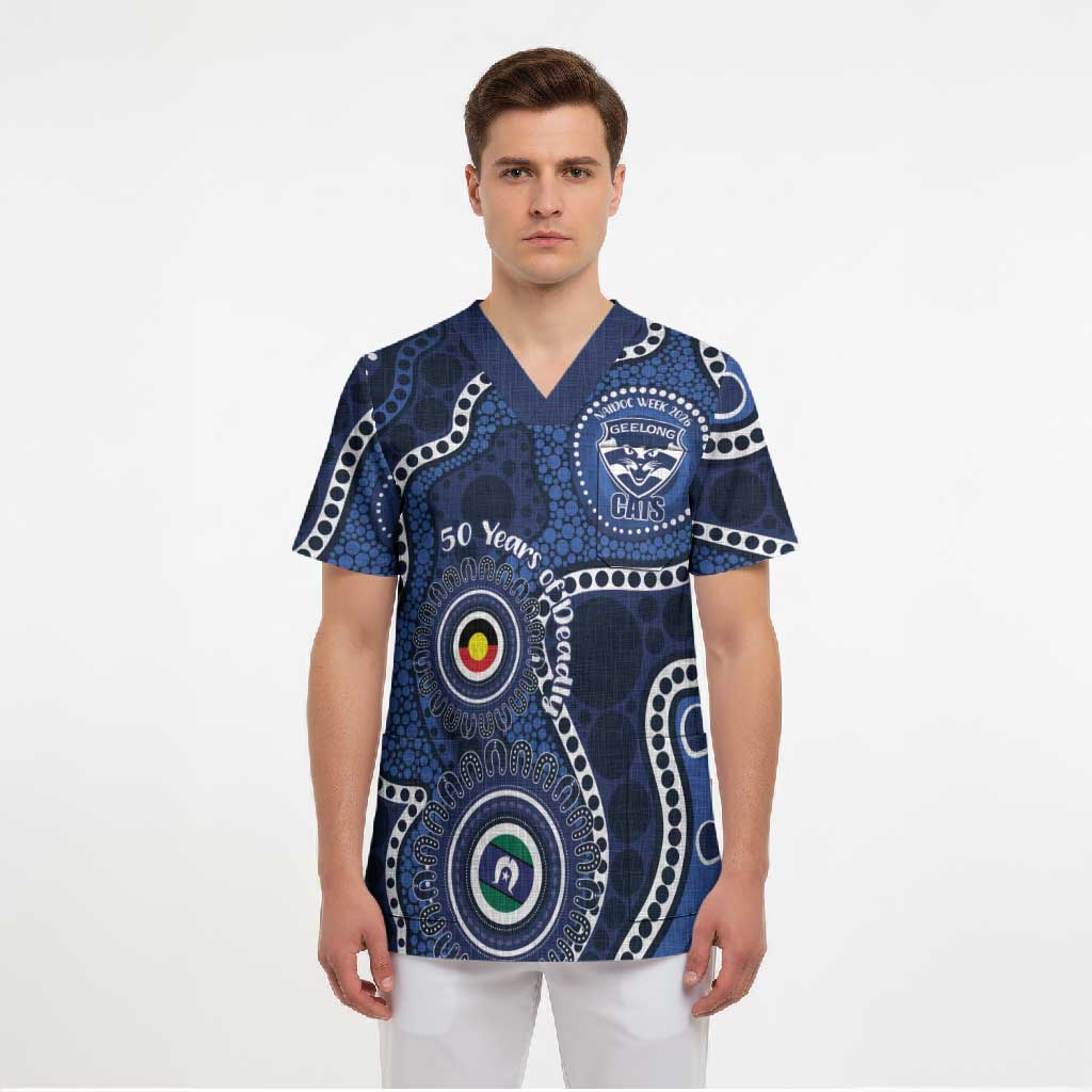 Geelong Cats NAIDOC Week 2026 Personalised Scrub Top 50 Years of Deadly Aboriginal Art
