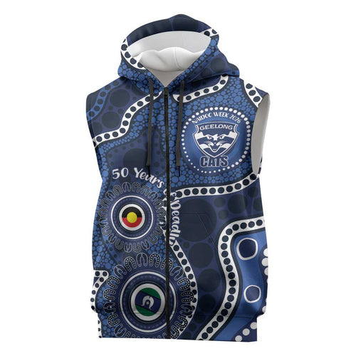 Geelong Cats NAIDOC Week 2026 Personalised Sleeveless Zip Hoodie 50 Years of Deadly Aboriginal Art