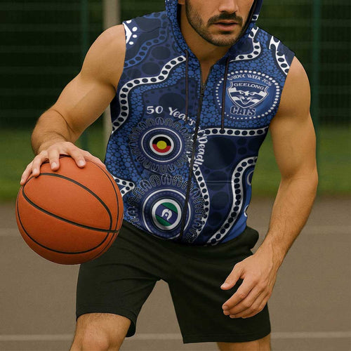Geelong Cats NAIDOC Week 2026 Personalised Sleeveless Zip Hoodie 50 Years of Deadly Aboriginal Art