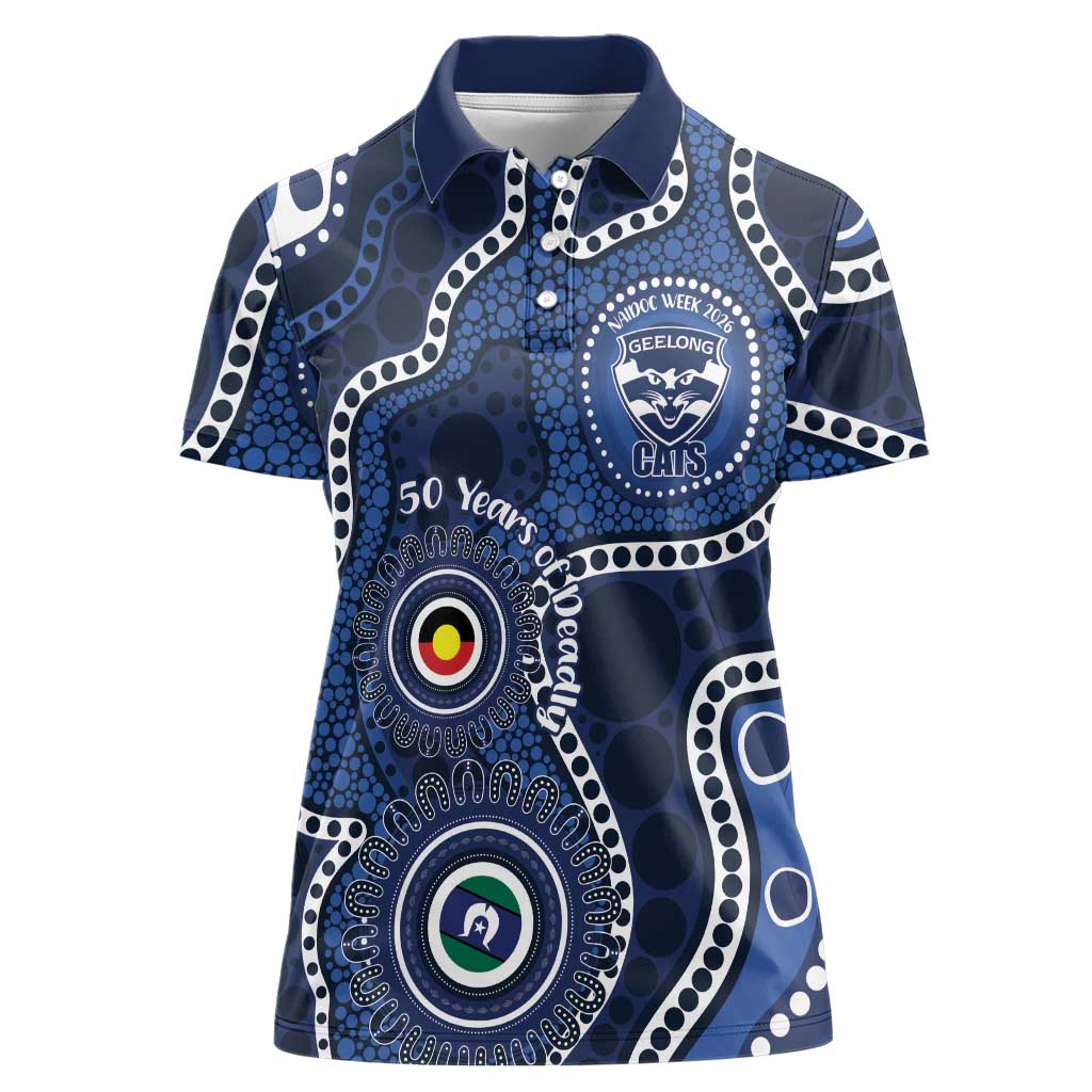 Geelong Cats NAIDOC Week 2026 Personalised Women Polo Shirt 50 Years of Deadly Aboriginal Art