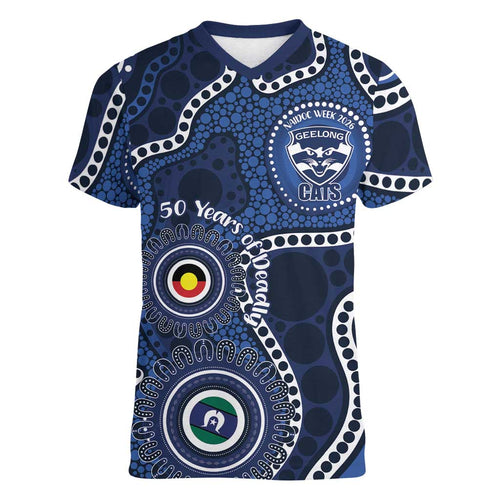 Geelong Cats NAIDOC Week 2026 Personalised Women V-Neck T-Shirt 50 Years of Deadly Aboriginal Art