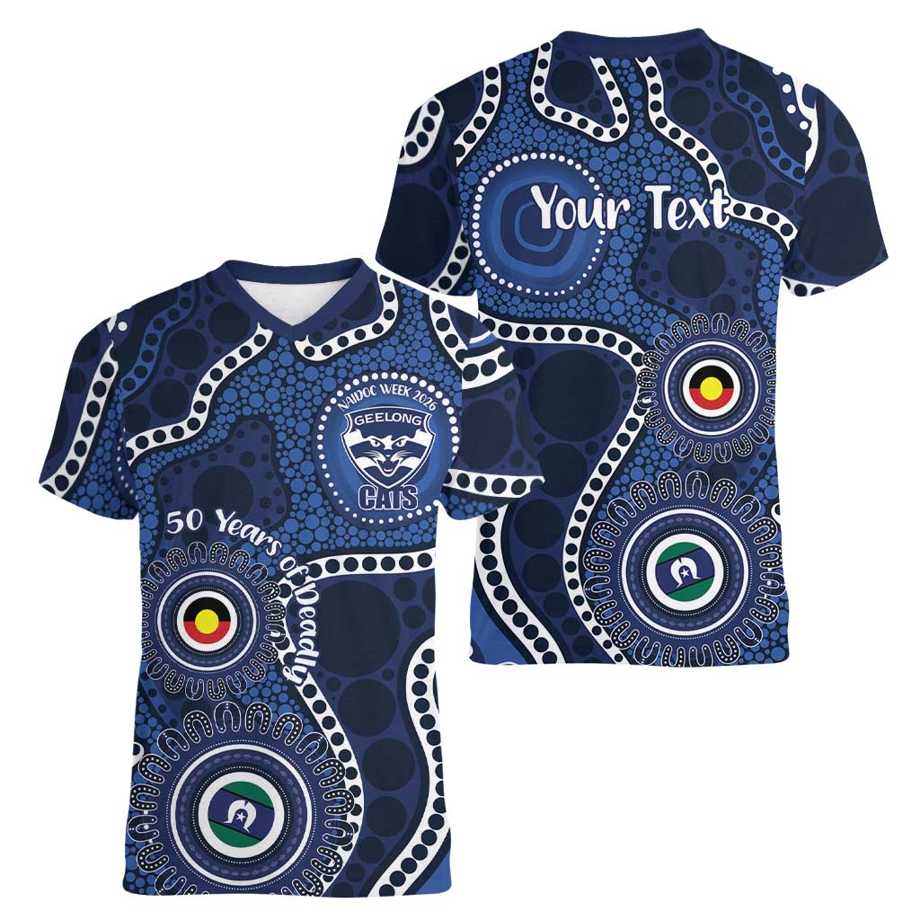 Geelong Cats NAIDOC Week 2026 Personalised Women V-Neck T-Shirt 50 Years of Deadly Aboriginal Art