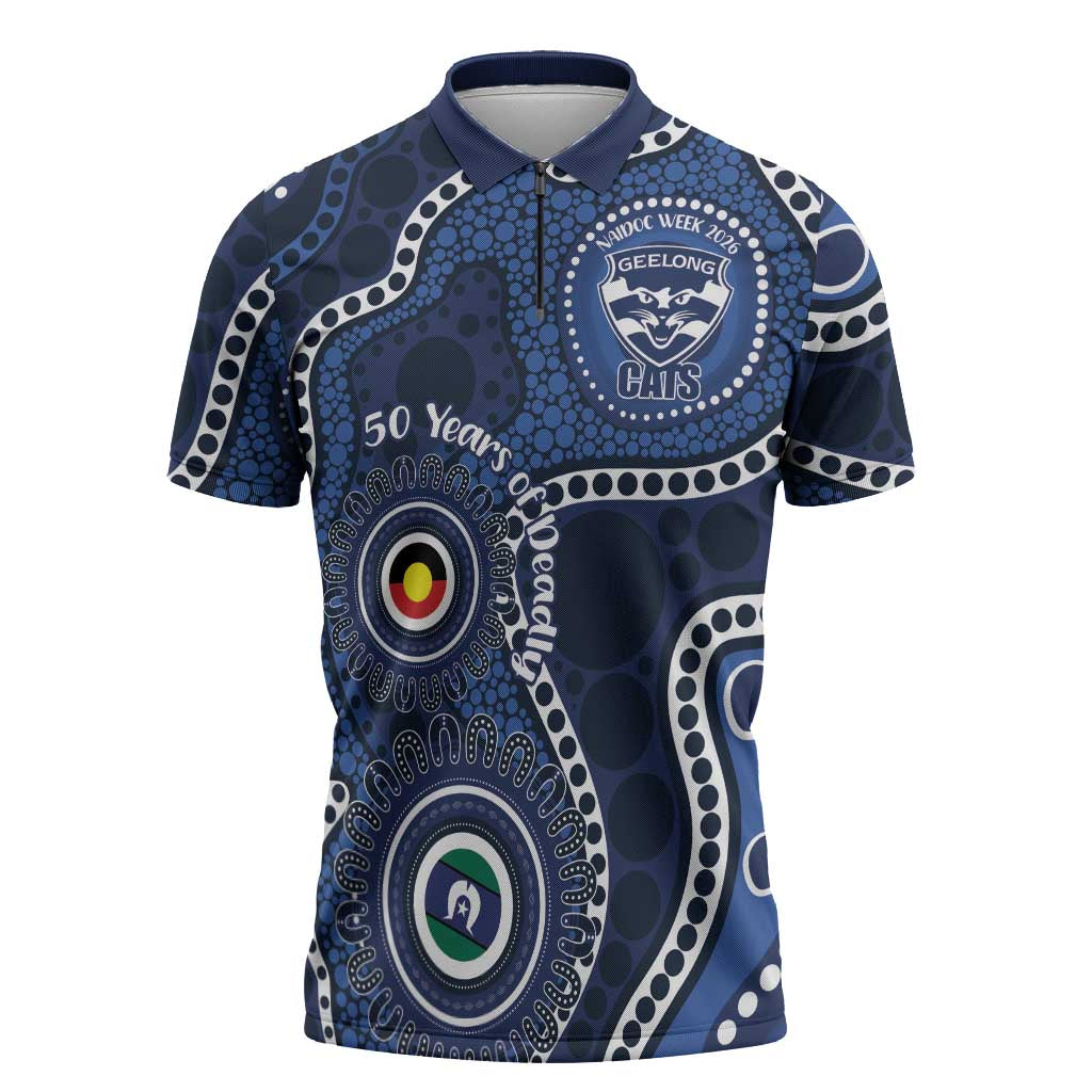 Geelong Cats NAIDOC Week 2026 Personalised Zipper Polo Shirt 50 Years of Deadly Aboriginal Art