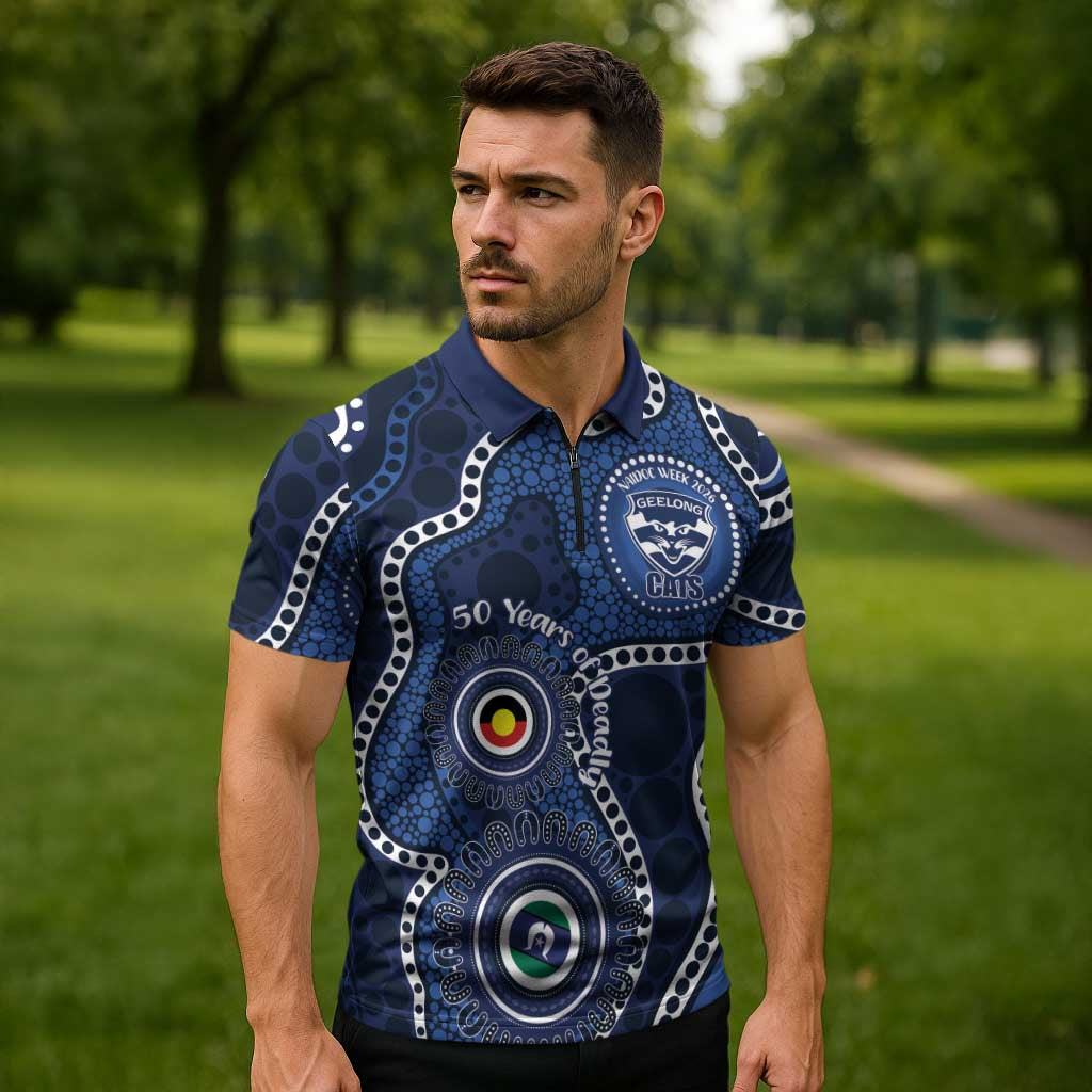Geelong Cats NAIDOC Week 2026 Personalised Zipper Polo Shirt 50 Years of Deadly Aboriginal Art