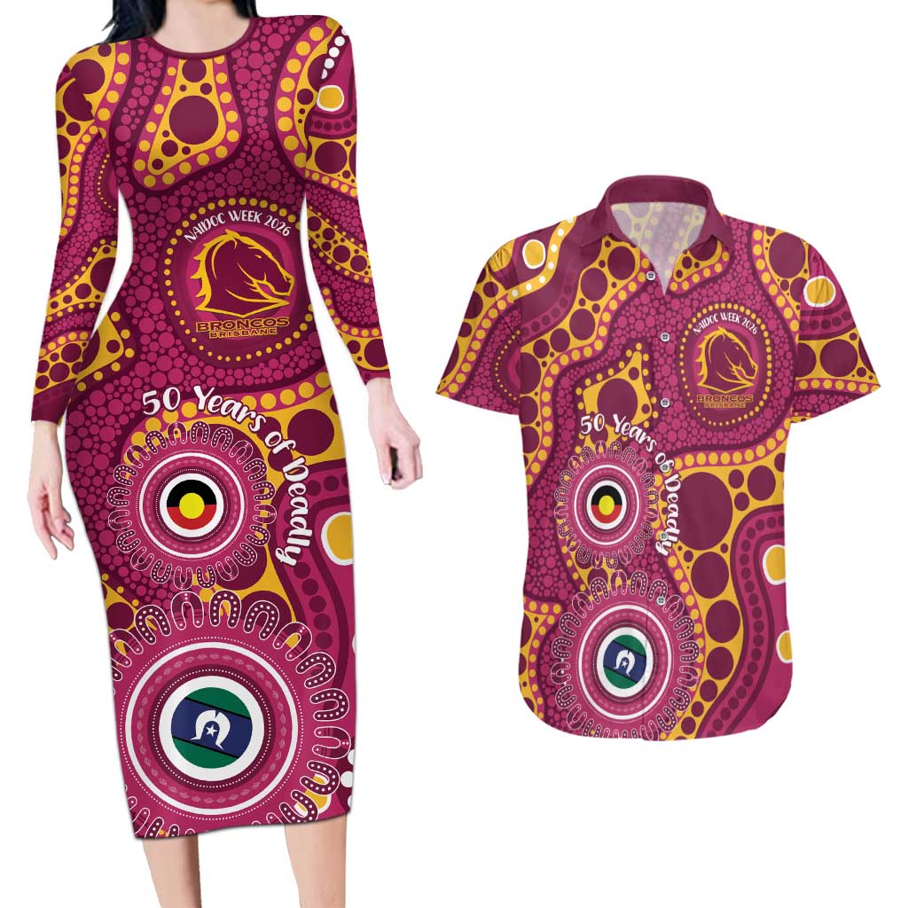 Broncos NAIDOC Week 2026 Personalised Couples Matching Long Sleeve Bodycon Dress and Hawaiian Shirt 50 Years of Deadly Aboriginal Art