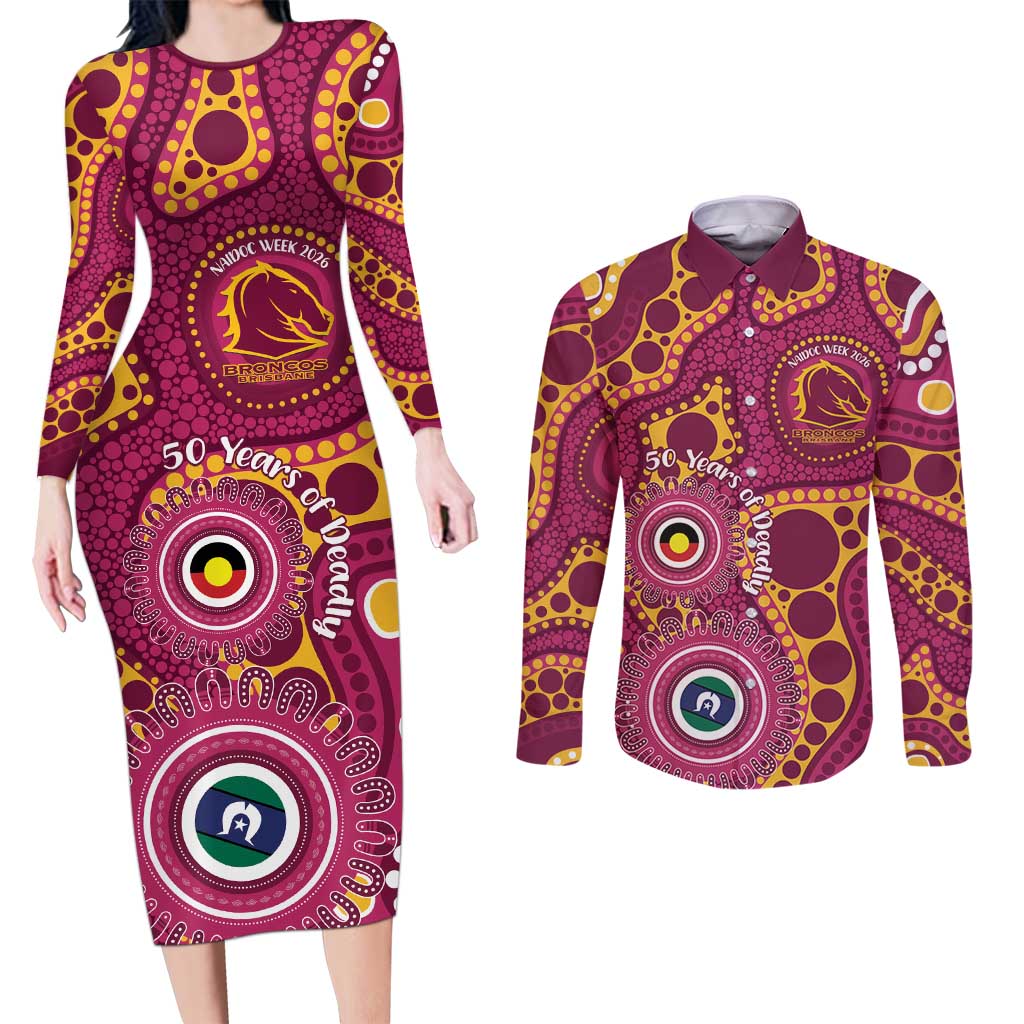 Broncos NAIDOC Week 2026 Personalised Couples Matching Long Sleeve Bodycon Dress and Long Sleeve Button Shirt 50 Years of Deadly Aboriginal Art