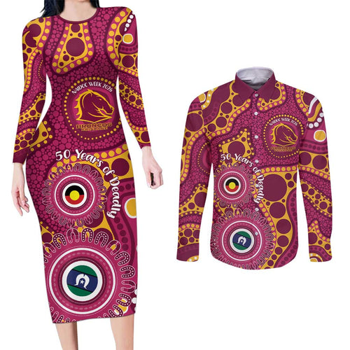 Broncos NAIDOC Week 2026 Personalised Couples Matching Long Sleeve Bodycon Dress and Long Sleeve Button Shirt 50 Years of Deadly Aboriginal Art