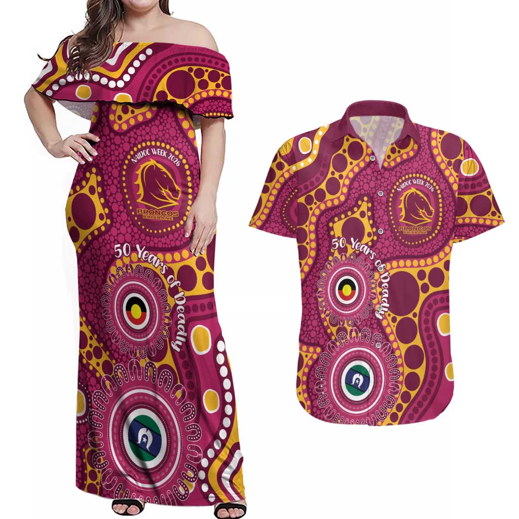 Broncos NAIDOC Week 2026 Personalised Couples Matching Off Shoulder Maxi Dress and Hawaiian Shirt 50 Years of Deadly Aboriginal Art