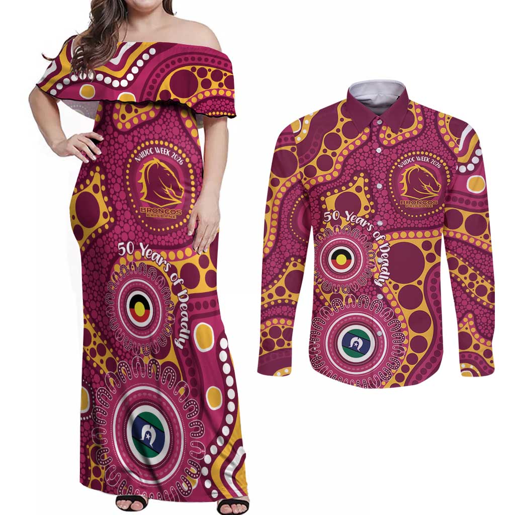 Broncos NAIDOC Week 2026 Personalised Couples Matching Off Shoulder Maxi Dress and Long Sleeve Button Shirt 50 Years of Deadly Aboriginal Art