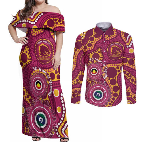 Broncos NAIDOC Week 2026 Personalised Couples Matching Off Shoulder Maxi Dress and Long Sleeve Button Shirt 50 Years of Deadly Aboriginal Art