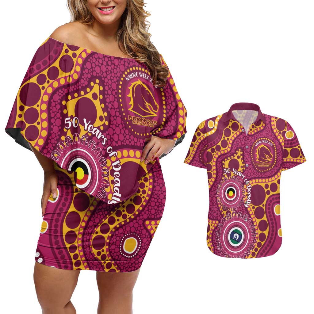 Broncos NAIDOC Week 2026 Personalised Couples Matching Off Shoulder Short Dress and Hawaiian Shirt 50 Years of Deadly Aboriginal Art