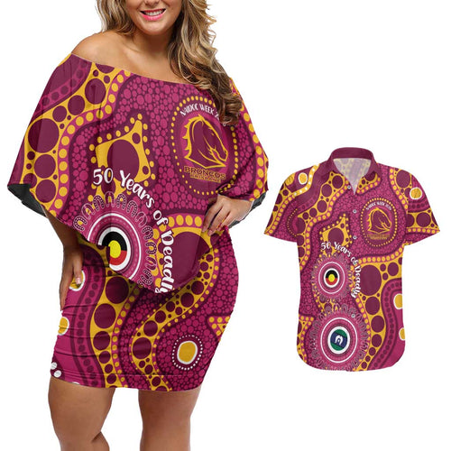 Broncos NAIDOC Week 2026 Personalised Couples Matching Off Shoulder Short Dress and Hawaiian Shirt 50 Years of Deadly Aboriginal Art