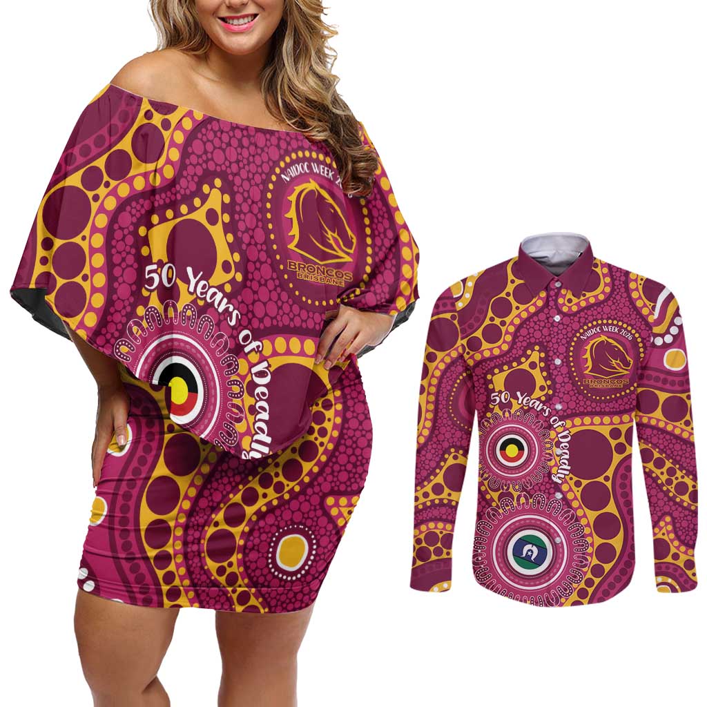 Broncos NAIDOC Week 2026 Personalised Couples Matching Off Shoulder Short Dress and Long Sleeve Button Shirt 50 Years of Deadly Aboriginal Art