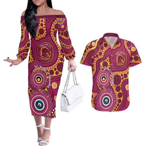 Broncos NAIDOC Week 2026 Personalised Couples Matching Off The Shoulder Long Sleeve Dress and Hawaiian Shirt 50 Years of Deadly Aboriginal Art