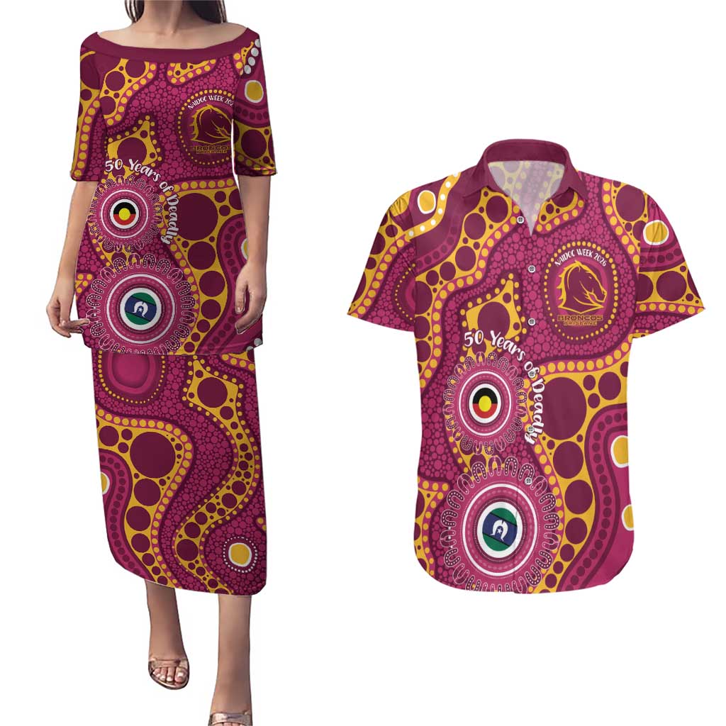 Broncos NAIDOC Week 2026 Personalised Couples Matching Puletasi and Hawaiian Shirt 50 Years of Deadly Aboriginal Art