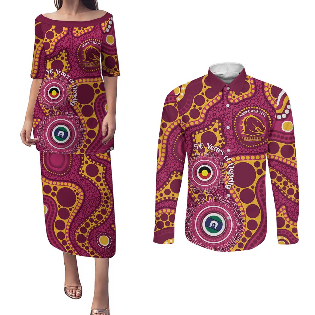 Broncos NAIDOC Week 2026 Personalised Couples Matching Puletasi and Long Sleeve Button Shirt 50 Years of Deadly Aboriginal Art
