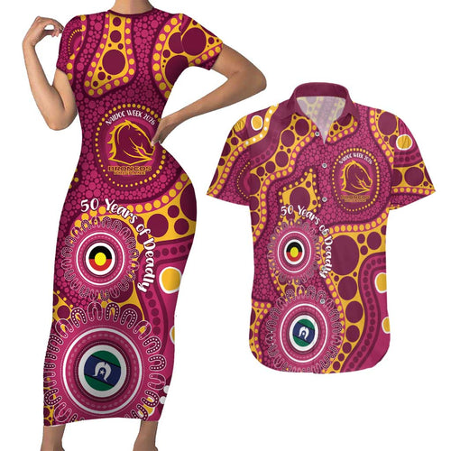 Broncos NAIDOC Week 2026 Personalised Couples Matching Short Sleeve Bodycon Dress and Hawaiian Shirt 50 Years of Deadly Aboriginal Art
