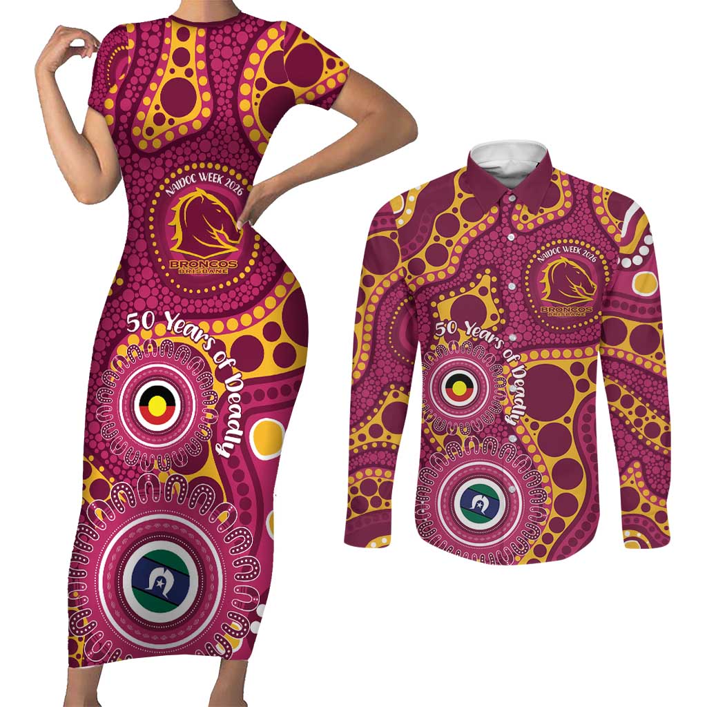 Broncos NAIDOC Week 2026 Personalised Couples Matching Short Sleeve Bodycon Dress and Long Sleeve Button Shirt 50 Years of Deadly Aboriginal Art