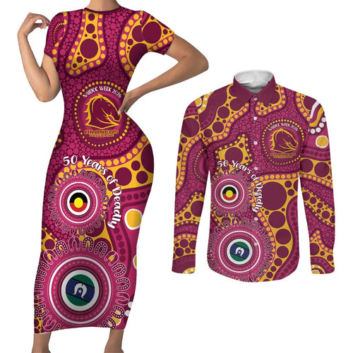 Broncos NAIDOC Week 2026 Personalised Couples Matching Short Sleeve Bodycon Dress and Long Sleeve Button Shirt 50 Years of Deadly Aboriginal Art